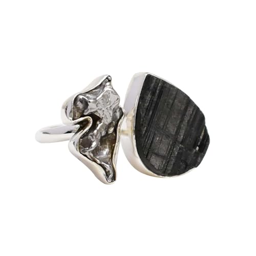 Schwarzer Turmalin Meteoriten Ring Massiver 925er Sterlingsilber Ring