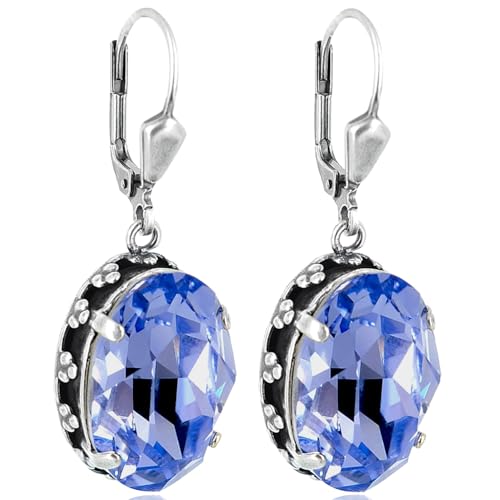 Jugendstil Ohrringe Silber Lila Markenkristalle Tansanit Ovalschliff Nobel