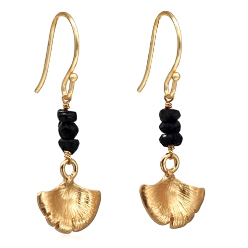 Koko Goldene Ginkgo Ohrringe Mit Schwarzem Turmalin Handgefertigt