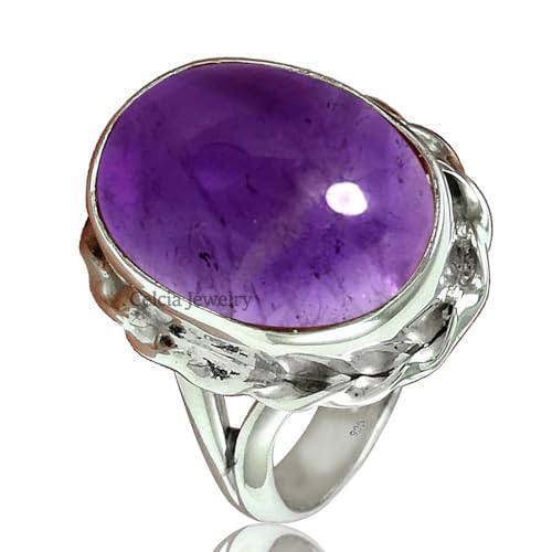 Natural Amethyst Purple Gemstone Oval Ring Solid 925