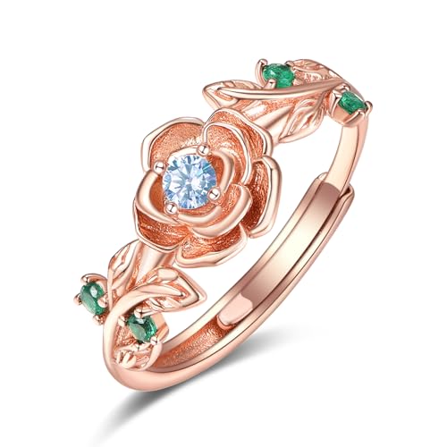 Zeuslia Rosegold Rose Ringe Silber 925 Verstellbar Aquamarin