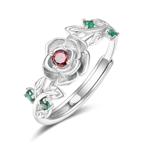 Zeuslia Rose Ringe 925 Silber Verstellbar Rubin Ring
