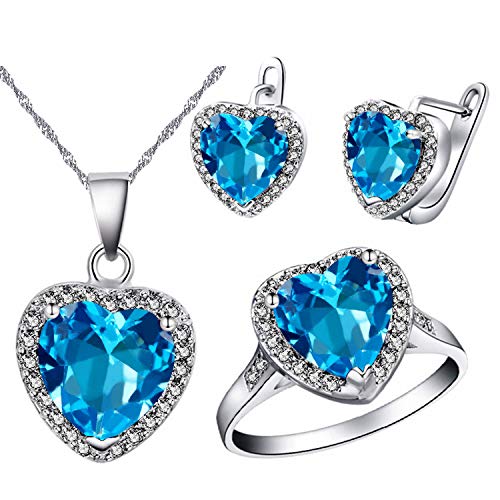 Uloveido Frauen Herzform Simulierte Blau Birthstone Topas Silber